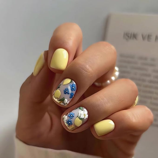 Short Square Press on Nails Blue Yellow Fake Nails Flower Lemon Designs Cute Summer Glue on Nails Glossy Full Cover Acrylic False Nails Spring Stick on Nails for Women Nail Art Decorations