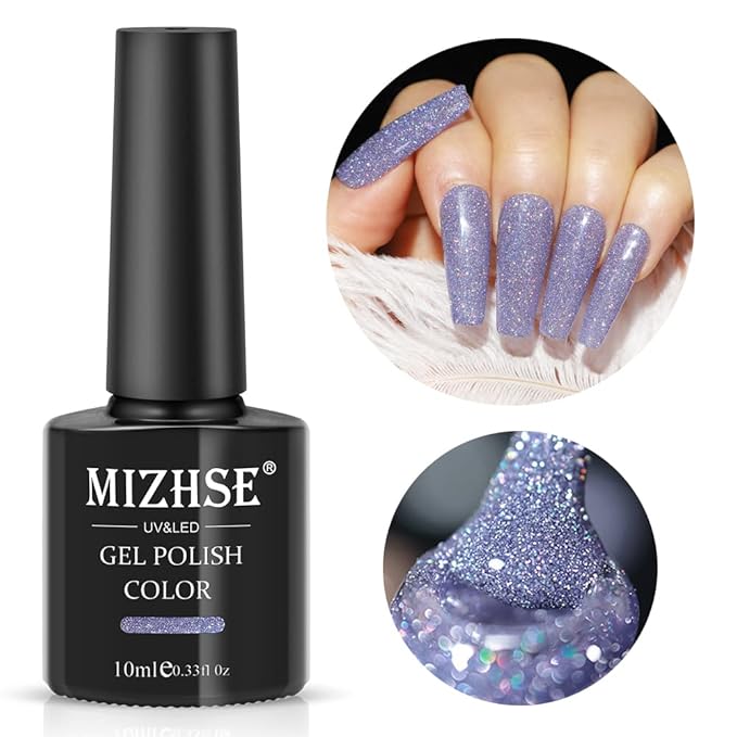 MIZHSE Glitter Gel Nail Polish, Reflective Purple Gel Polish 10ml, Sparkly Shiny Nail Gel, Soak Off Nail Art Salon Varnish Manicure DIY at Home for Beginners