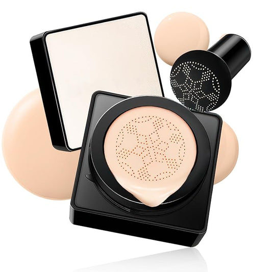 Air Cushion CC Cream Mushroom Head - Moisturizing & Oil Control Screw Lid Concealer Makeup Base, Primer Liquid Foundation Long Lasting with Mushroom Makeup Sponges for All Skin Types (Natural)-VivaGrace Women