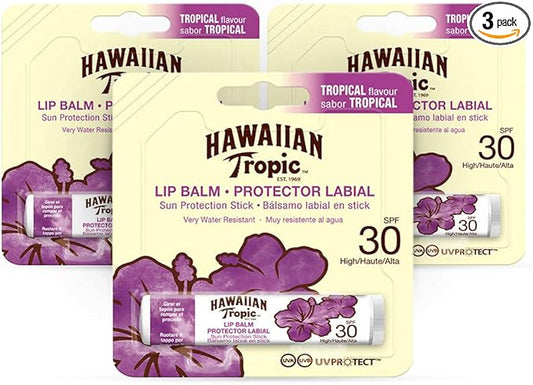Hawaiian Tropic Lip Balm Pack of 3 – Sunscreen Lip Balm SPF 30, Tropical Flavor, 4 g-VivaGrace Women