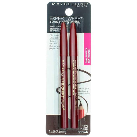 Maybelline Expert Eyes Twin Brow & Eye Pencil, Dark Brown [102], 0.06 oz (Pack of 6)