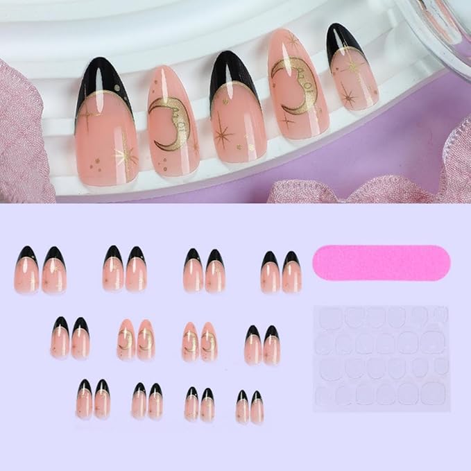 Gold Moon Star Press on Nails Medium Almond Fake Nails with Design Black French tips Glue on Nails Glossy Spring Nails Reusable Summer Fall False Nails for Women Girls Manicure 24pcs