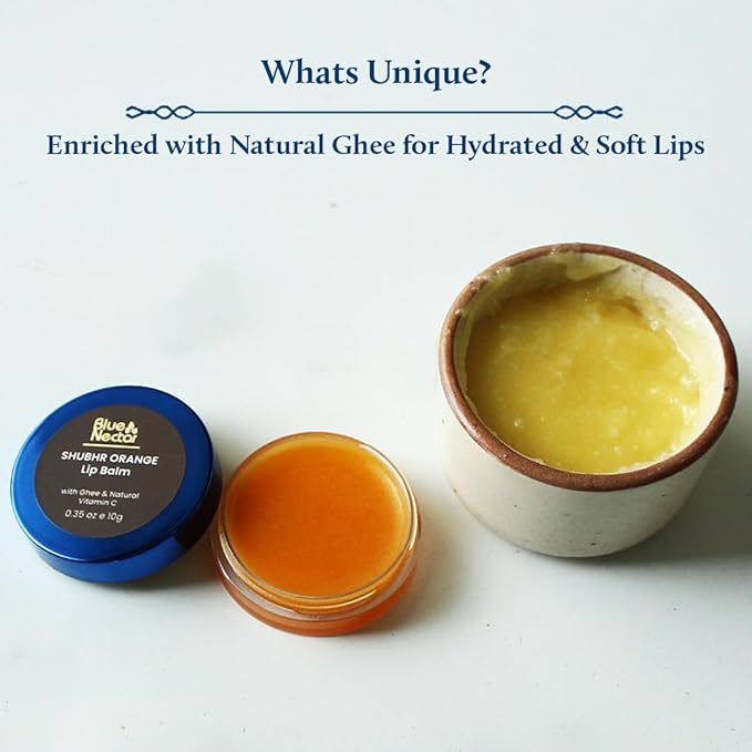 Blue Nectar Ayurvedic Orange Lip Balm with Organic Ghee & Natural Vitamin C for Dry Lips | Moisturizing Lip Gloss with Clean Ingredients (0.35 oz, 10 Herbs)-VivaGrace Women