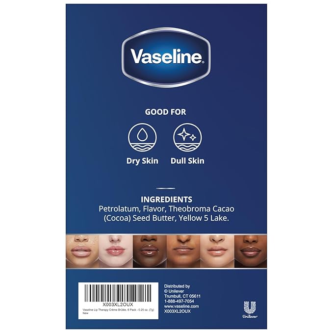 Vaseline Lip Therapy Creme Brulee Mini, White Petrolatum, Advanced Moisturizer, Relieves Dull and Dry Skin, Mini Vaseline Petroleum Jelly, Soft & Smooth Vaseline Lips (Pack of 6-0.25 Oz Ea) -VivaGrace Women