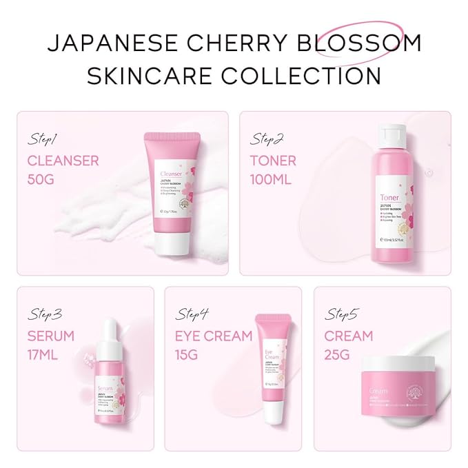 Greyghost Skin Care Set for Teenage Girls Women, 5 Pcs Cherry Blossom Skincare Set - Cleanser, Toner, Serum, Eye cream, Cream, Gentle Skin Cleaning & Care Gift Set, Travel Size Skin Care Set-VivaGrace Women