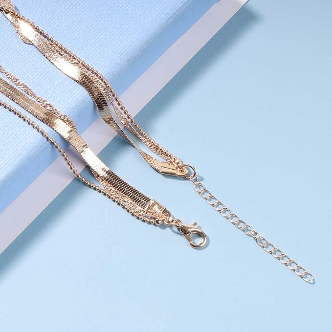 Punk Layered Chain Necklace Gold Flat Snake Chain Necklace Choker Vintage Herringbone Necklace Stacking Chunky Necklace Chain Jewelry for Women and Girls Gift-VivaGrace Women