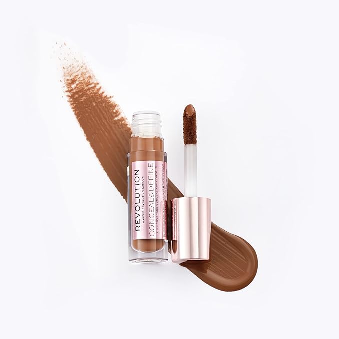 Makeup Revolution Conceal & Define Concealer, Full Coverage Makeup Concealer, Matte Finish & Long Wear, For Dark or Deep Skin Tones, Vegan, C16, 4ml-VivaGrace Women