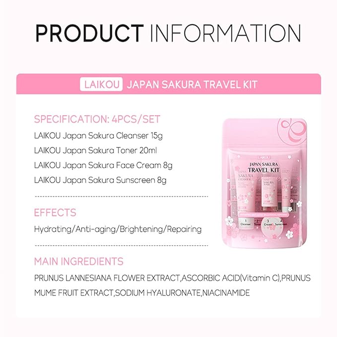 Sakura Travel Skincare Set for Teenage Girls - Face Routine Set for Women,4 Piece Gentle Skin Cleaning & Care Travel Size Kit With Cleanser, Toner, sunscreen and Face Cream-VivaGrace Women