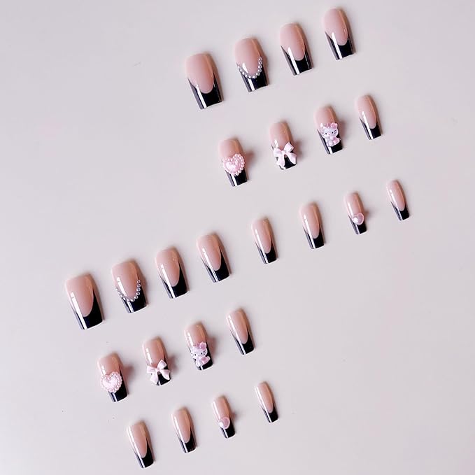 Cute Press on Nails Medium Long Black French Fake Nails Square Pink Glossy 3D Heart False Nail Tips Artificial Nails Finger Manicure for Women and Girls 24pcs