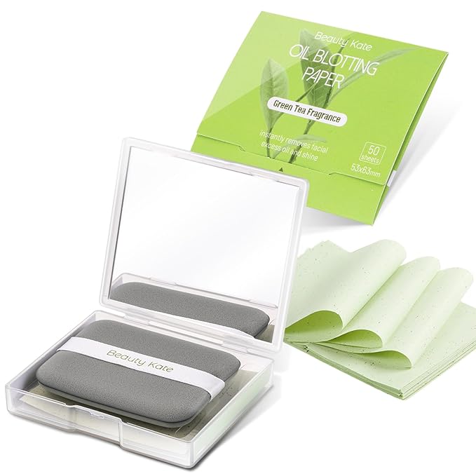 Oil Blotting Sheets for Face, Blotting Paper For Oily Skin Green Tea 100 sheets with Portable Mirror Case & Makeup Puff, Oil Absorbing Sheets For Face-VivaGrace Women