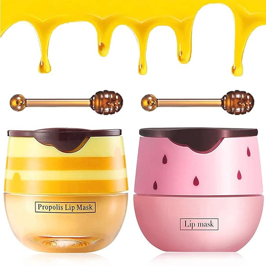 2Pcs Bee Lip Balm Honey Pot, Honey & Strawberry Lip Balm Moisturizing Lip Sleep Mask with Stick Hydrating & Prevention Dry and Cracked Lip Scrubs Exfoliator, Reduces Lip Lines-VivaGrace Women