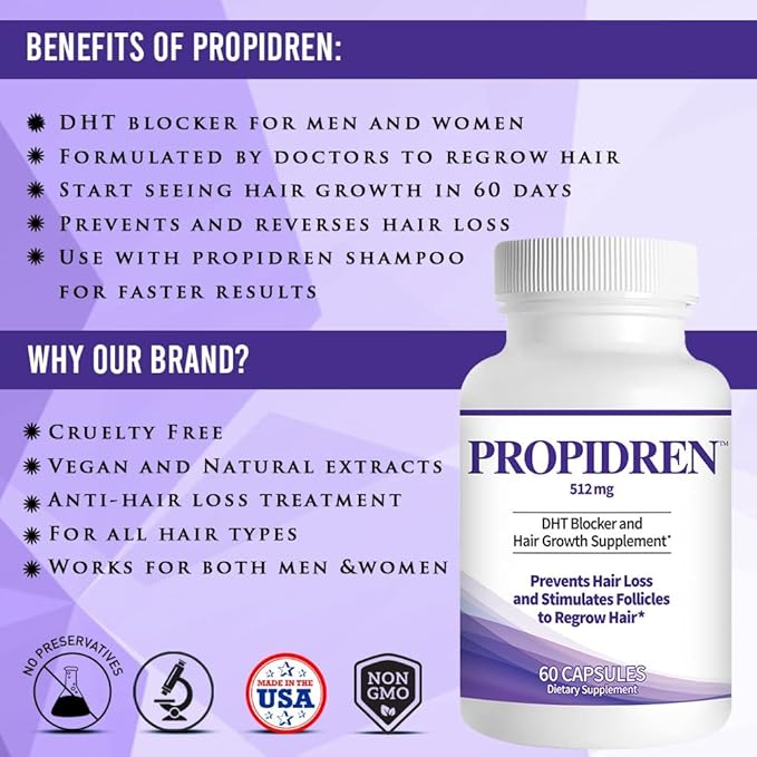 Propidren by HairGenics - DHT Blocker & Hair Growth Capsules to Prevent Hair Loss & Stimulate Hair Follicles, to Stop Hair Loss & Regrow Hair. Proprietary Anti-Hair Loss & Hair Regrowth Treatment.-VivaGrace Women