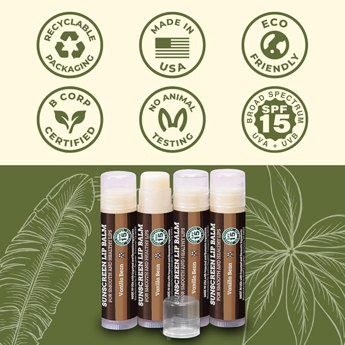 SPF Lip Balm 4-Pack by Earth's Daughter - Lip Sunscreen, SPF 15, Organic Ingredients, Vanilla Flavor, Beeswax, Coconut Oil, Vitamin E - Hypoallergenic, Paraben Free, Gluten Free-VivaGrace Women