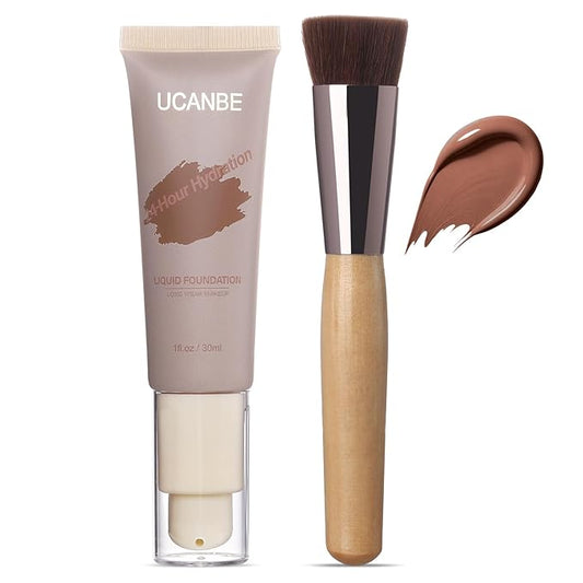 UCANBE Matte Liquid Foundation with Brush, Skincare Serum Foundation Face Makeup with Hyaluronic Acid, Medium to Full Coverage Waterproof Oil Control Longwear, for Mature Skin, Cocoa, 1 fl. oz.-VivaGrace Women