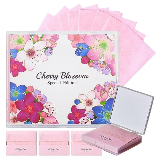 [400 Counts + Mirror Case] Cherry Blossom Natural Oil Blotting Paper for Face with Mirror Compact and Refills-VivaGrace Women