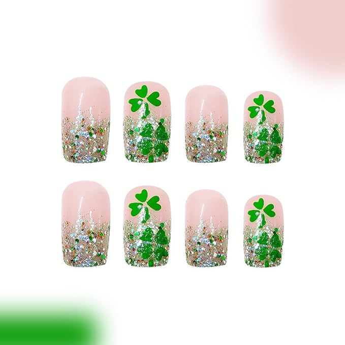 Short Square ABS Plastic French Tip Glitter False Nails, 24 Pack (1 Set), Green, 1 Fl Oz, Kit, Full Well Tips, Butterfly Pattern, Press-On-False-Nails