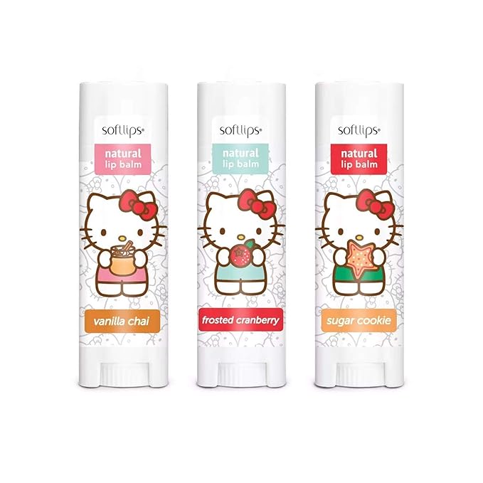 Hello Kitty Limited Edition Softlips Ornament Natural Lip Balm 3-Pack Vanilla Chai, Frosted Cranberry, Sugar Cookie, Holidays 2020-VivaGrace Women