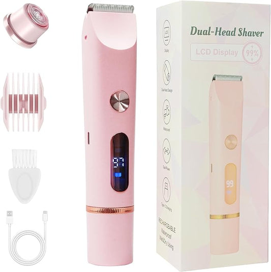 2025 Upgraded Bikini Trimmer for Women & 2 in 1 Dermave Bikini Shaver with LCD Display, Dual Head Cordless Electric Shaver, IPX7 Waterproof Wet/Dry Body Hair Trimmer for Face Body Intimate Areas,Pink-VivaGrace Women
