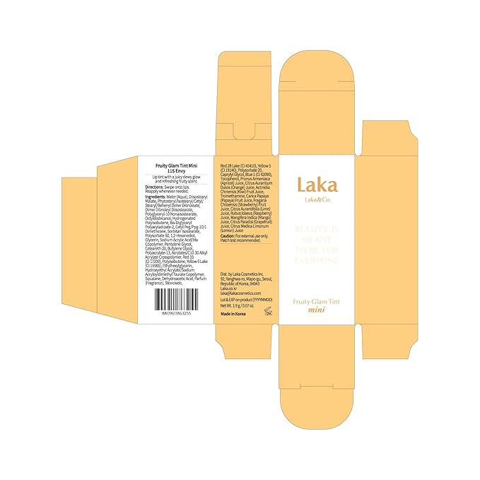 Laka Fruity Glam Lip Tint Mini, Glowing Lip Stain with Wide Color Spectrum, Hydrating & Lightweight Texture, Long-Lasting Bold Stain, Non-Sticky, Vegan, K-Beauty (#115 Envy)