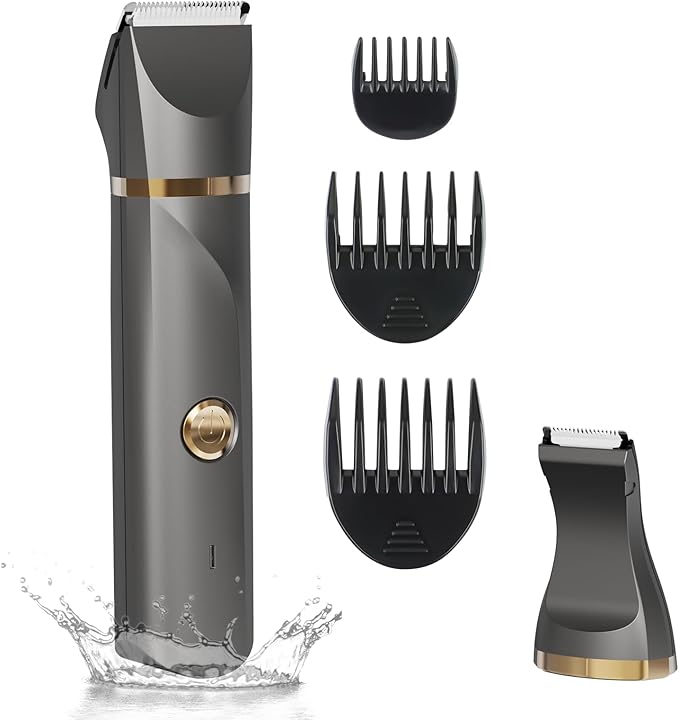 AREYZIN Body Hair Trimmer for Women Electric Body Shaver for Back Chest Armpit Legs Pubic Hair, USB Rechargeable, Replaceable Snap-in Ceramic Blades, IP7X Waterproof for Wet and Dry Use,Gray&Gold-VivaGrace Women