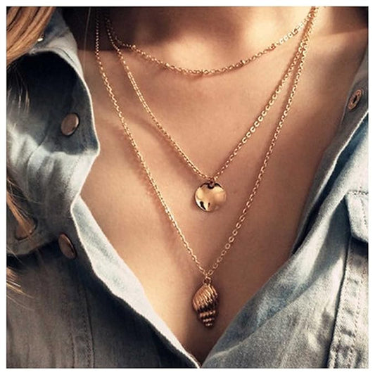 Bohemia Layered Seashell Necklace Choker Gold Coin Disc Pendant Necklace Chain Conch Shell Necklace Handmade Beachy Necklace Jewelry for Women and Girls-VivaGrace Women