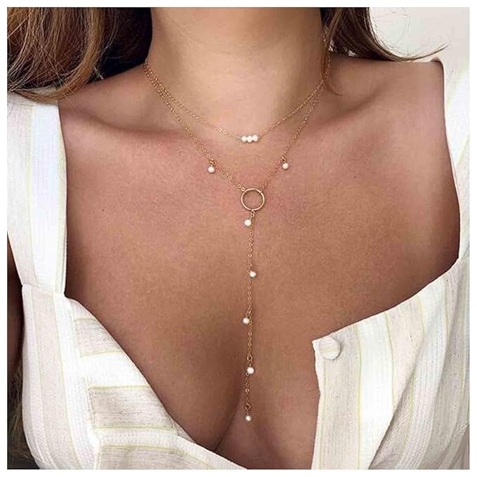Boho Circle Pearl Lariat Necklace Gold Long Lariat Chain Necklace Tiny Pearl Choker Necklace Drop Pearl Chain Y Necklace Jewelry for Women and Girls Gifts-VivaGrace Women