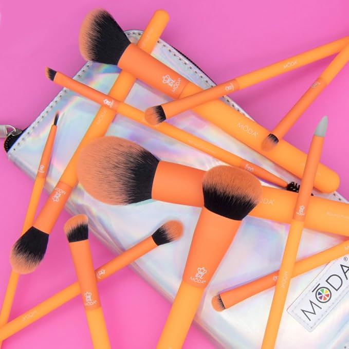 MODA Totally Electric Neon Orange Full Face Makeup Brush Kit – 13pc Vibrant Brush Set for Face & Eyes with Zip Case-VivaGrace Women