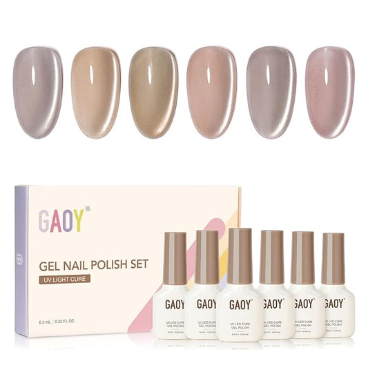 GAOY Peach Blossom Cat Eye Gel Polish, Sheer Nude Pink Base with Glass Bead Holography, Magnetic DIY Nail Kit Salon Quality at Home