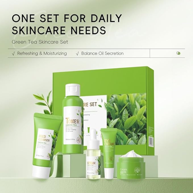 Skin Care Set, Green Tea Skin Care Sets & Kits, Skin Care for Teenage Girls Gift Set with Cleanser, Toner, Serum, Eye Cream, Facial Cream, Facial Skin Care Sets & Kits for Teenage Girls Women-VivaGrace Women
