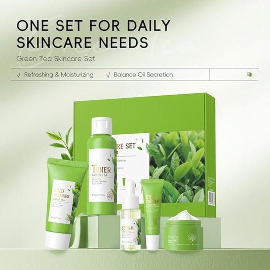 Skin Care Set, Green Tea Skin Care Sets & Kits, Skin Care for Teenage Girls Gift Set with Cleanser, Toner, Serum, Eye Cream, Facial Cream, Facial Skin Care Sets & Kits for Teenage Girls Women-VivaGrace Women