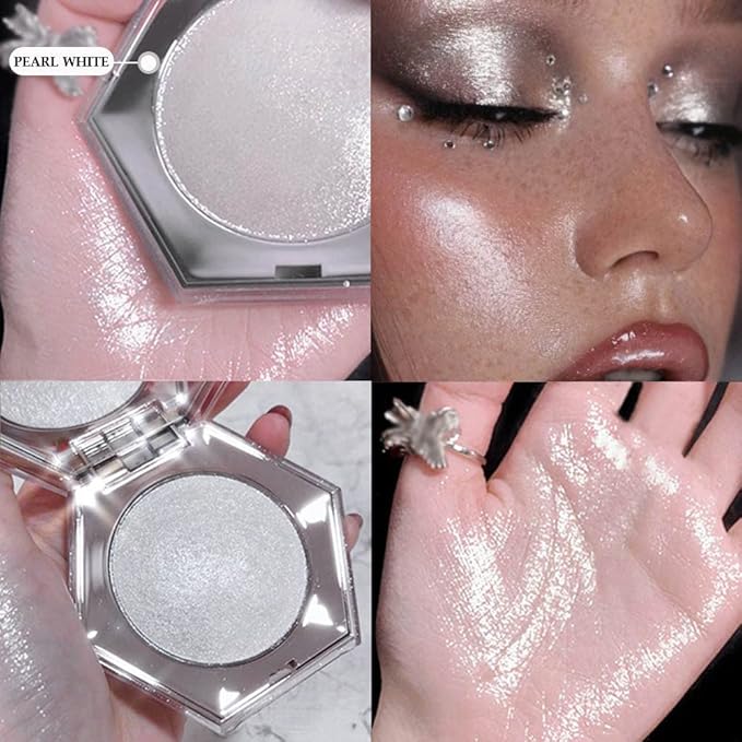 Pearl White Shimmer Glitter Highlighter Highlight Makeup Contour Powder,Silver Face Highlighter, Highlighter+Makeup iluminadores Illuminator Make Up (Shiny Silver)-VivaGrace Women