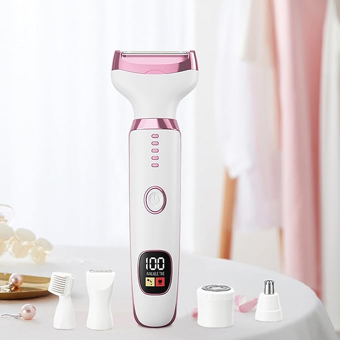5-in-1 Electric Razor for Women - Bikini Trimmer with LED Display, Painless Hair Removal for Face, Nose, Eyebrows, Arms & Legs - Wet/Dry Rechargeable Shaver for Armpits & Pubic Area-VivaGrace Women