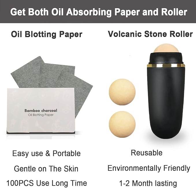 103 PCS Volcanic Roller Oily Skin Oil Control On The Go Volcanic Face Roller Oil Absorbing Volcanic Roller with Oil Blotting Sheet Paper for Oily Skin Care Oil Control Film Tissues (Type2)-VivaGrace Women