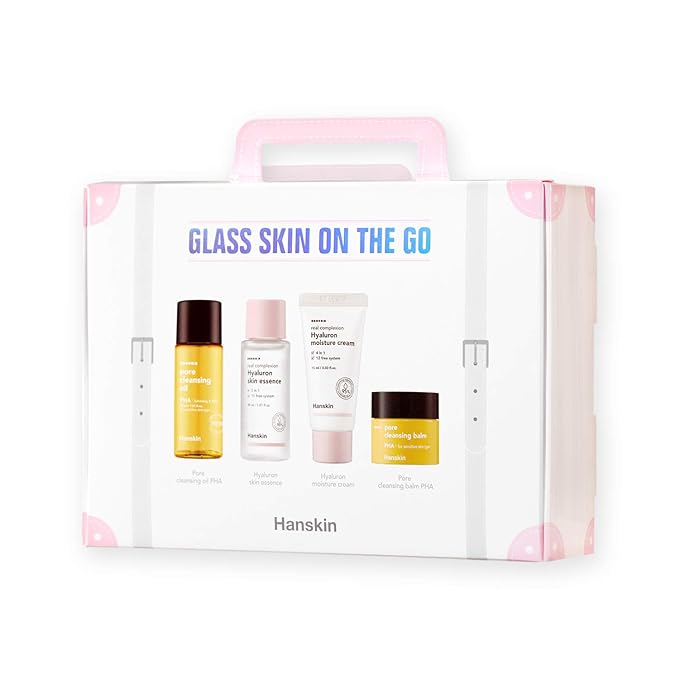 Hanskin Glass Skin On The Go Kit, Travel Friendly Hydrating Skincare Set for Glowing Skin, Cleansers, Skin Essence Toner and Moisturizer, Korean Skin Care [Set of 4 / 30 ml each]-VivaGrace Women