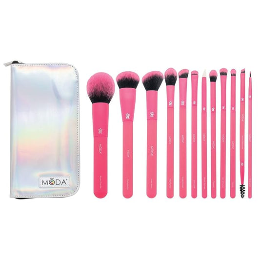 MODA Totally Electric Neon Full Face Makeup Brush Kit – 13pc Vibrant Brush Set for Face & Eyes with Zip Case (Neon Pink)-VivaGrace Women
