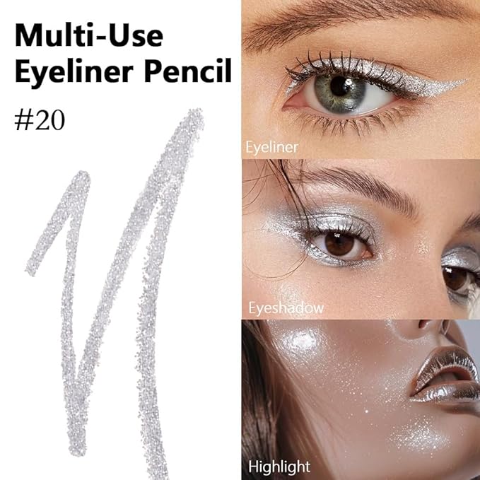 evpct Silver Grey Gel Eyeliner Pencil for Women Waterline Waterproof Smudge Proof Eye Makeup Liners, Silver Mascara Eye Liner Gel Liner Eyeliner with Sharpener delineador de ojos contra el agua 20