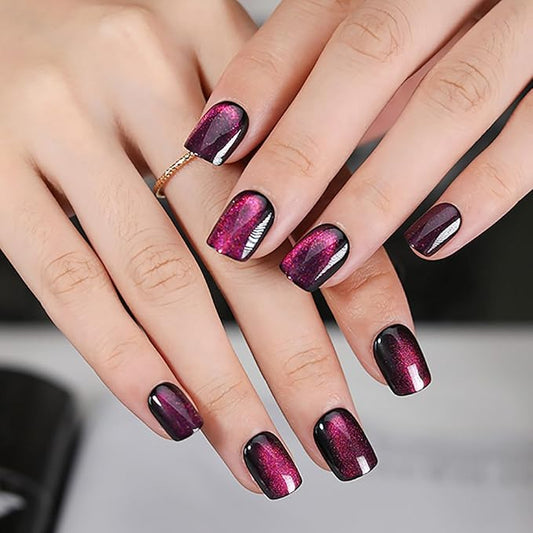 Dark Purple Press on Nails Short Square, Cat Eye Press on Nails, Fashion Gel Fake Nails, Reusable Acrylic Fake Nails, Glossy Stick on Nails for Women Girls Gift, Glue on Nails Kit, 24Pcs