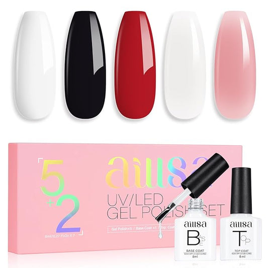 AILLSA Nude Gel Nail Polish Set Red Jelly Pink Milky White Black Gel Polish with Base and Top Coat, Classic Popular Color All Season Soak Off U V L ED Manicure Art Salon DIY at Home 7Pcs 8ML