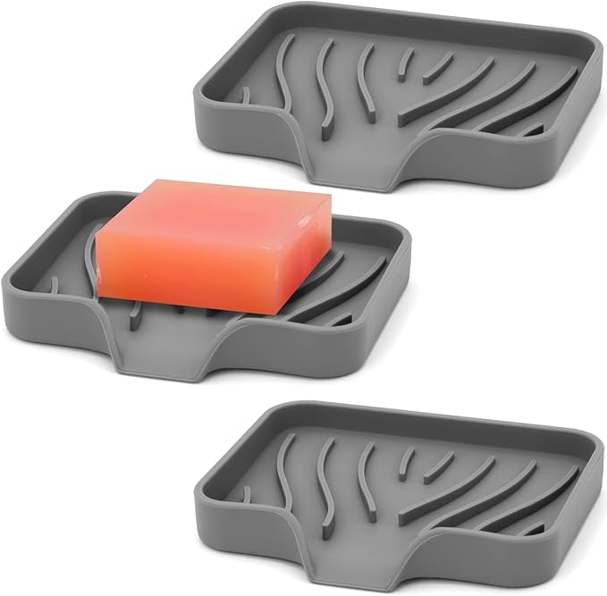 3-Pack Silicone Soap Dish Bar Soap Holder, Self Draining Soap Tray for Shower, Bathroom, Kitchen, Bathtub (Grey)-VivaGrace Women