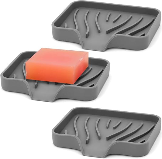 3-Pack Silicone Soap Dish Bar Soap Holder, Self Draining Soap Tray for Shower, Bathroom, Kitchen, Bathtub (Grey)-VivaGrace Women