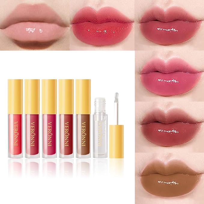 VERONNI 6 Colors Lip Tinted Stain Gloss Set,Hydrating Plumping Liquid Lipstick Set,Moisturizing Clear Lip Oil For Dry Lips,Nourishing Water Glossy Glass Lip Oil Gloss Lip Tint (6 Colors)-VivaGrace Women