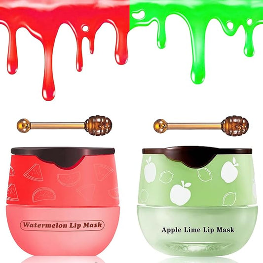 2 PCS Bee Lip Balm Honey Pot, Watermelon & Apple Lime Sleeping Lip Mask Overnight, Hydrating Prevention Dry and Cracked Lip Scrub, Reduces Lip Lines, Brightening Lip Color-VivaGrace Women