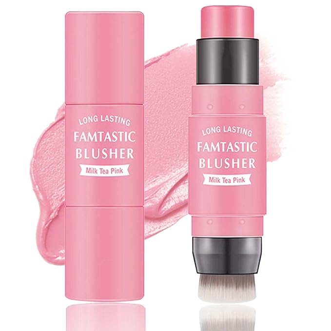Cream Blush Stick,Blush Stick for Cheeks with Contour Brush,3-in-1 Long Lasting Waterproof Blush&Eye Shadow&Lip Gloss for Fair Skin Types（01 Milk Tea Pink）-VivaGrace Women