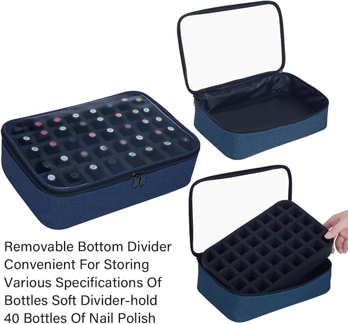 Small Clear Nail Polish Organizer Holds 40 bottles(15ml-0.5fl.oz) Nail Polish Case Multifunctional Nail Polish Bag organizer, Cosmetic Travel Makeup Bags for Women Blue