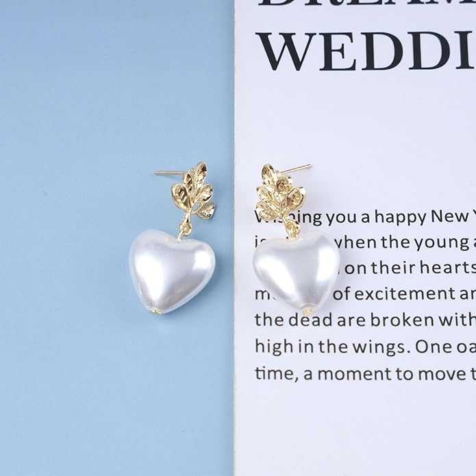 Vintage Pearl Heart Drop Earrings Gold Leaf Pearl Earrings White Pearl Heart Earrings Bridal Pearl Stud Earrings Jewelry for Women-VivaGrace Women