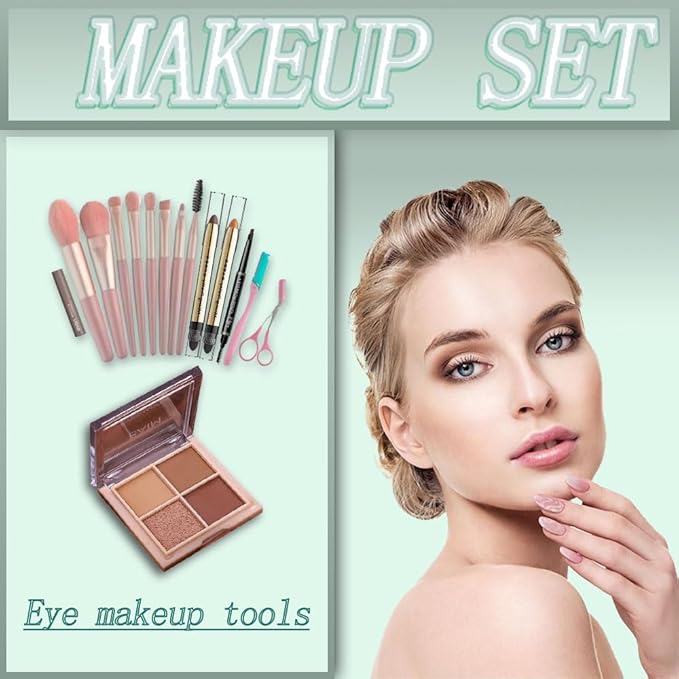 All-In-One And Portable Beginner Makeup Kit, Including Mascara, Eyeshadow Pencil, Eyeshadow Palette, Beauty Brush Set, Eyebrow Shaping Set And Other Props-VivaGrace Women
