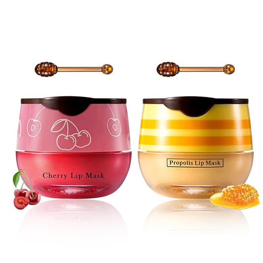 2PCS Bee Lip Balm Honey Pot Cherry Honey Lip Balm Sleeping Lip Mask Silky Hydrating Bee Lip Balm Honey Lip Mask Overnight Lip Care Products(Honey+Cherry)-VivaGrace Women
