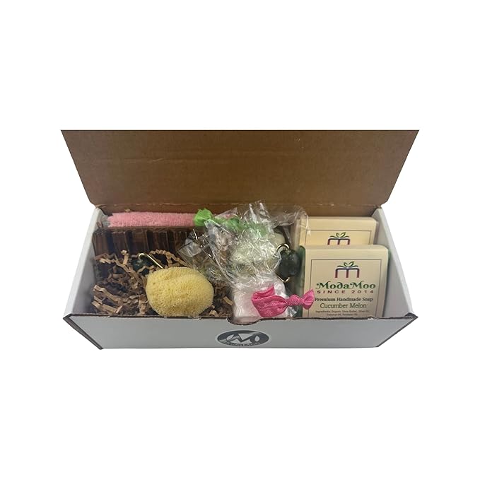 ModaMoo's Day Spa Gift Box Set. Cucumber Melon and Asian Tea Blossom Soaps, Jade Roller, Sea Sponge, and More-VivaGrace Women