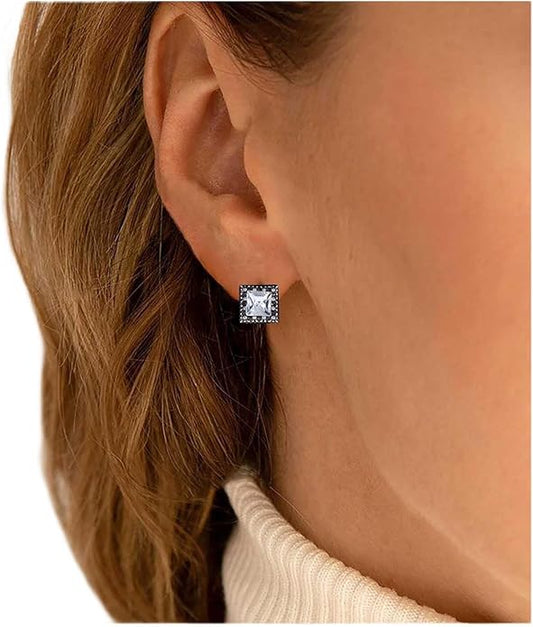 Boho Tiny Crystal Square Earrings Silver Cz Square Earrings Cz Rhinestone Square Stud Earrings Silver Geometric Earrings Jewelry for Women and Girls-VivaGrace Women