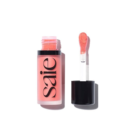 Saie Dew Blush - Lightweight Liquid Blush with a Blendable + Buildable Cream Finish - Dewy Cheek Tint with Doe Foot Wand Makeup Applicator - Bright Coral Blush - Poppy (.40 oz)-VivaGrace Women